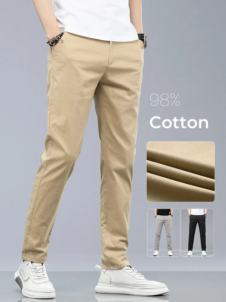 Brand Clothing Men's Casual Pants 98% Cotton Thin Business Straight Slim Fit Classic Trousers Stretch Spring Summer Male Pants