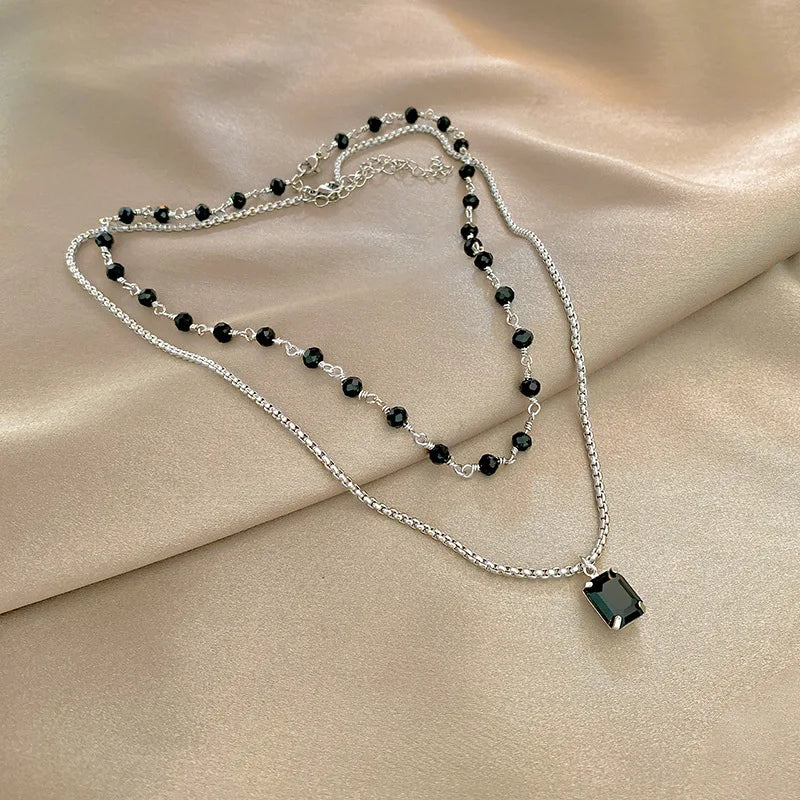 Black Square Pendant Double Layer Necklaces for Women