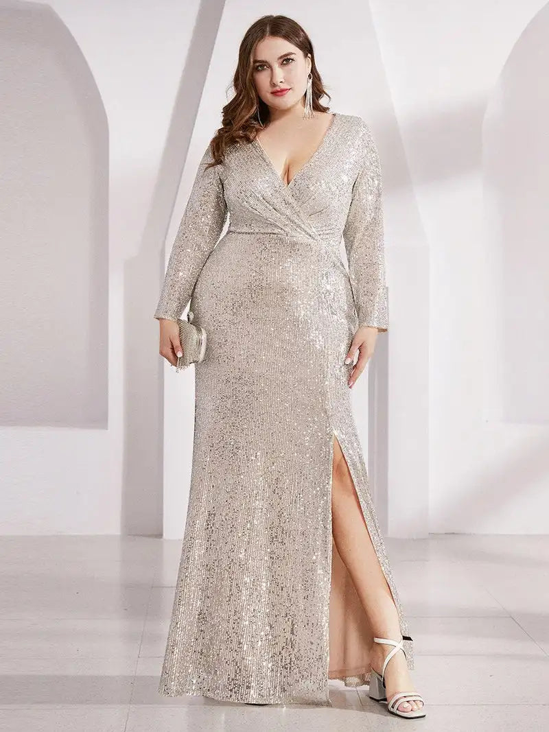 Plus Size Evening Dresses V-Neck Long Sleeves A-LINE Sequin