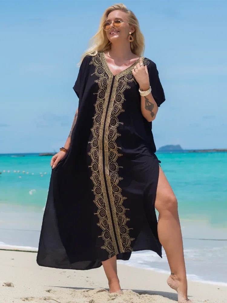 2024 Vintage Embroidery Kaftan Sexy V-neck Batwing Sleeve High Waist Maxi Dress Tunic Women Clothing Summer Beach Dresses Q660