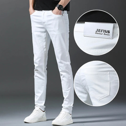 White Men's Jeans Straight Slim Solid Color Casual Denim Trousers Classic Male Pants