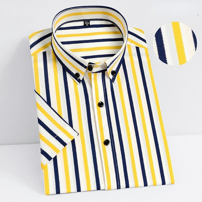 2023  Regular Fit Short Sleeve Strech Striped Shirts for Men Summer Soft Business Men's Dress Shirt Casual