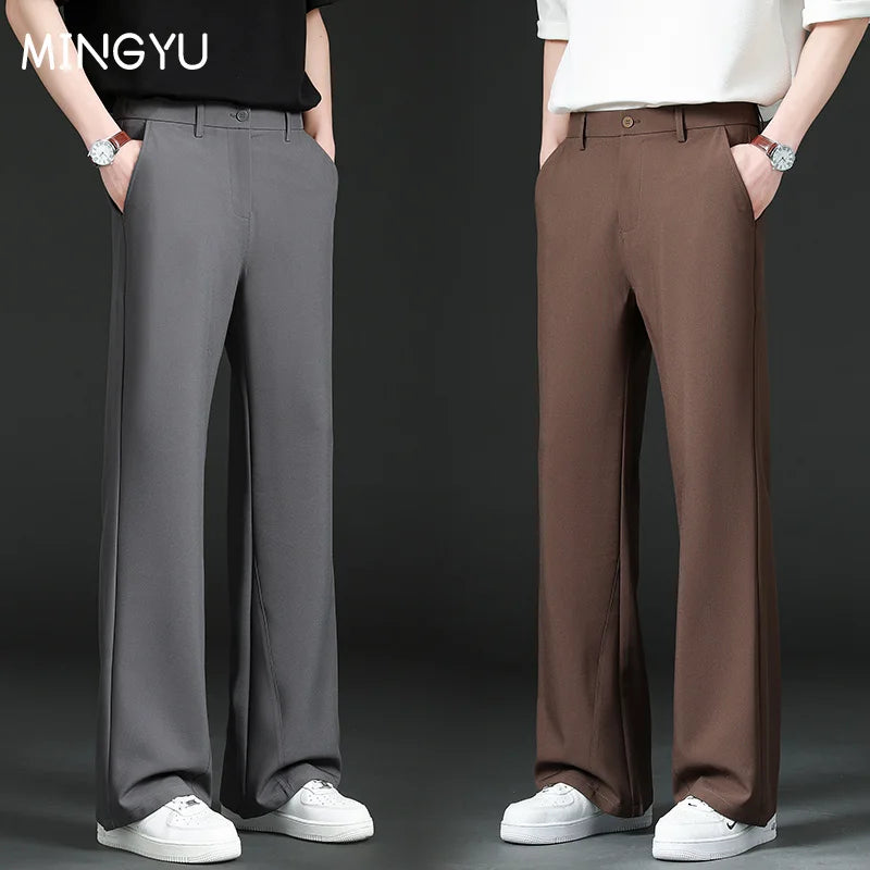 Brand Clothing Summer Smooth Flare Pants Men Business Elastic Waist Suit Flared Trousers Male Korean Work Office Plus Size S-4XL