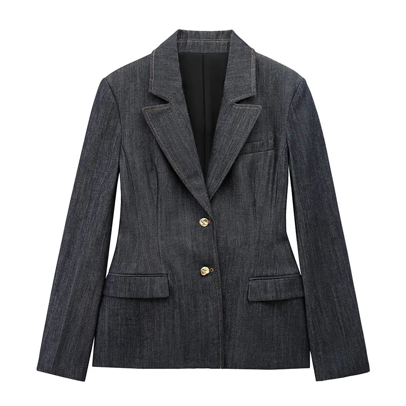 TRAFZA Spring New Denim Blazer Pant Suit Women Solid Single Breasted Coat+Elegant Office Lady Vintage Female Wide Leg Long Jeans
