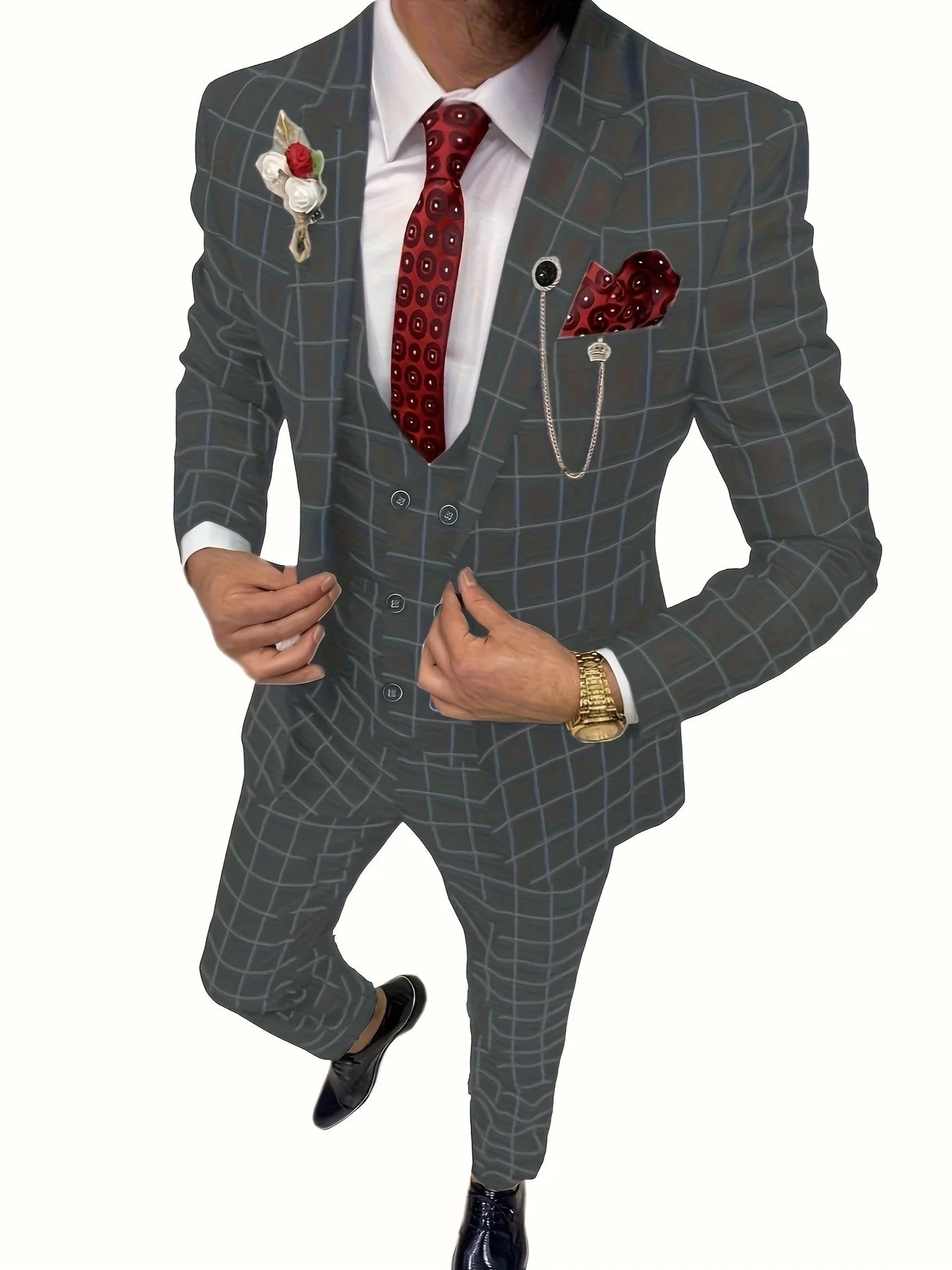 Elegant Men's Suit 3 Pieces Plaid Tuxedos