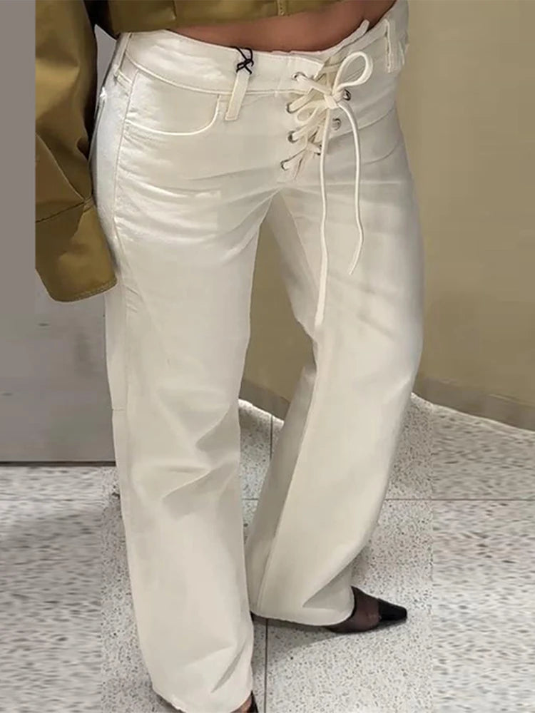Drawstring Jeans Women Loose White Lace Up Pockets Low Waist Straight Long Pants 2025 Autumn Casual New Fashion Lady Streetwears