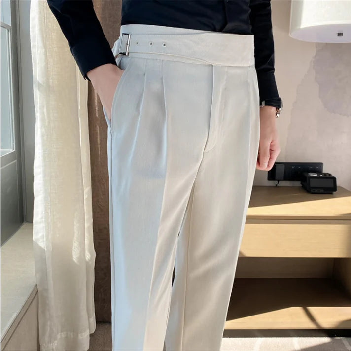 Men High Waist Casual Dress Pant Men Belt Design Slim Trousers