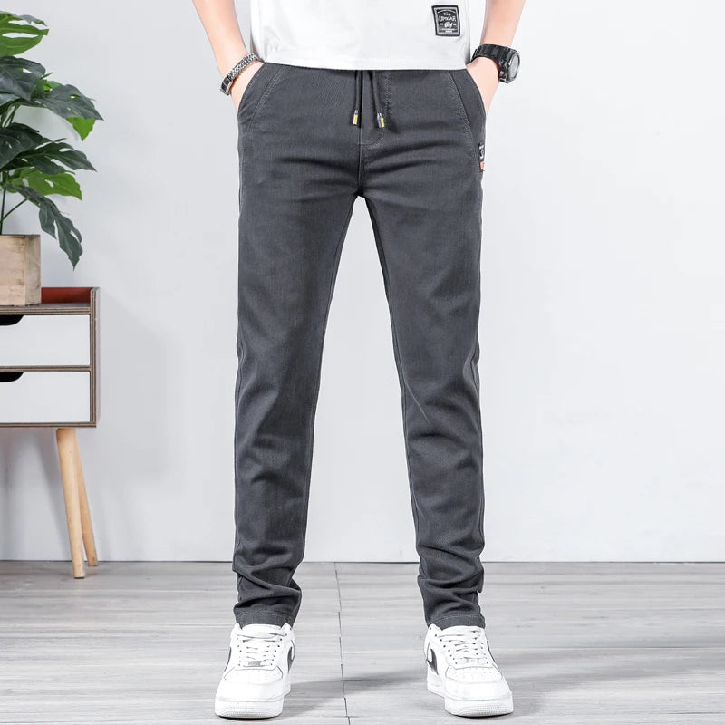 Spring Summer Men Casual Pants Elastic Waist Design Straight Slim Trousers Korean Trendy Stretch Male Pants Brand Clothing