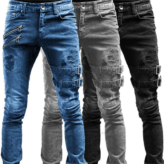 Men Slim Biker Ripped Long Denim Trousers Skinny Jeans