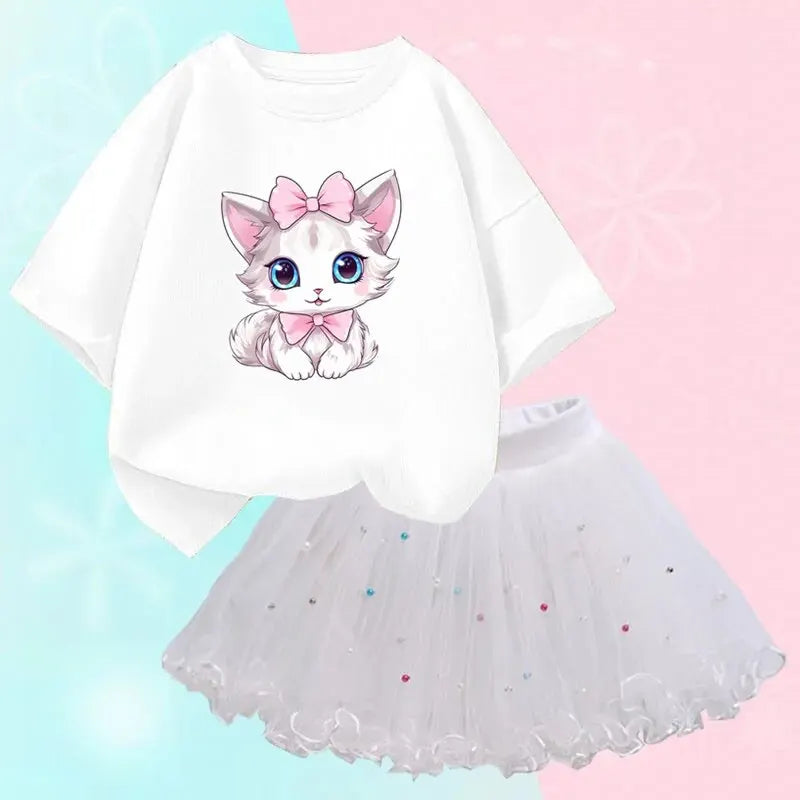 Girls Outfits Cartoon Cat T-shirt