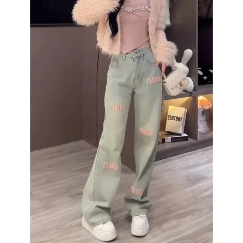 2024 Korean Style Casual Jeans For Women Spring Summer New Slimming Bell Bottoms Design Sensibility Straight-leg Pants Trendy