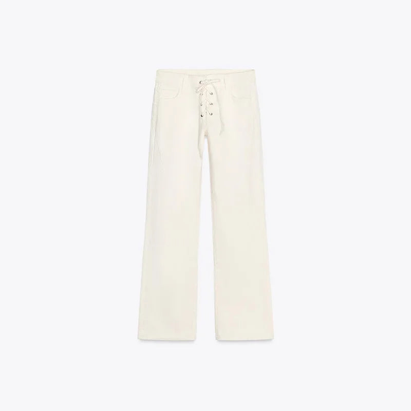 Drawstring Jeans Women Loose White Lace Up Pockets Low Waist Straight Long Pants 2025 Autumn Casual New Fashion Lady Streetwears
