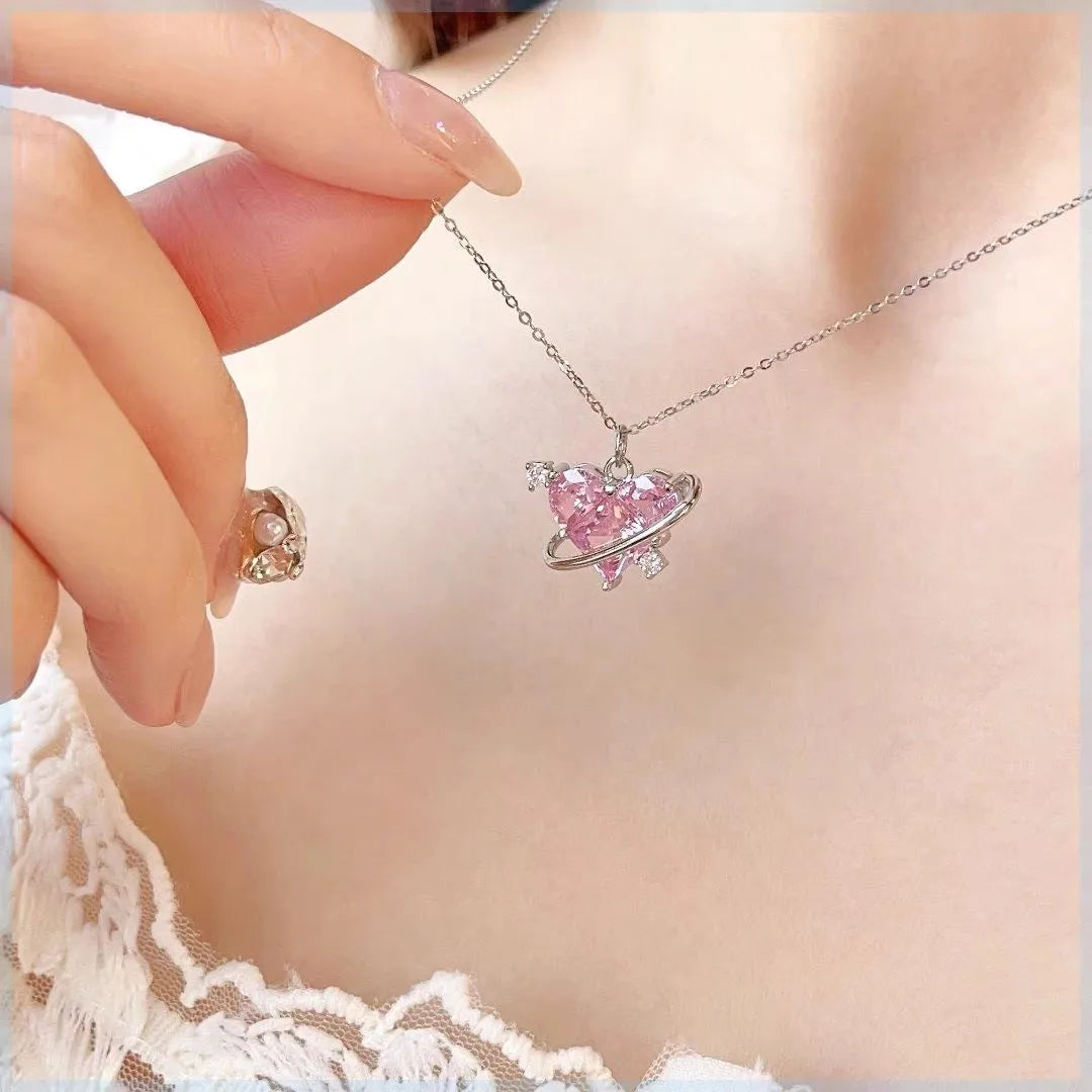 Y2K Pink Planet Heart Zircon Pendant Necklaces For Women