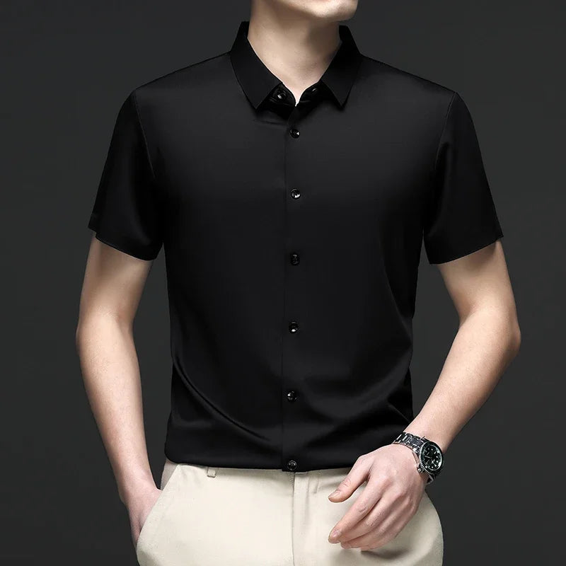 New Men's Business Casual Solid Color Short Sleeved Shirt for Summer Fashion No Ironing Comfortable and Versatile Top