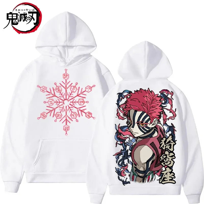 Anime Demon Slayer Akaza Print White Hoodie Oversized Streetwear Sweatshirt