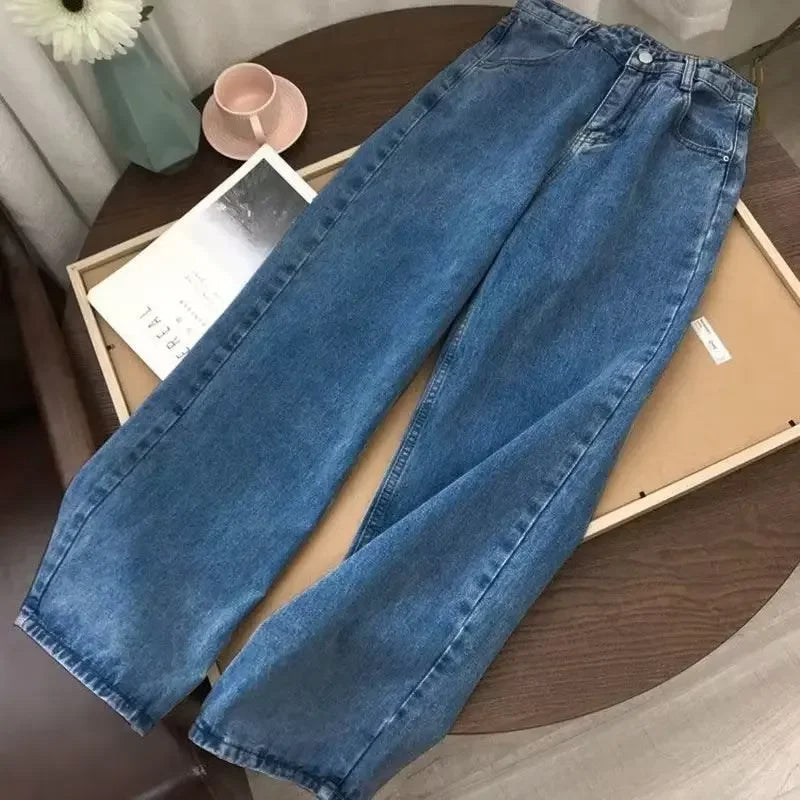 2023 New Style Women's Jeans High-waisted Straight-leg Loose Fit Vintage Wide Leg Bf Trendy Drag-leg Pants