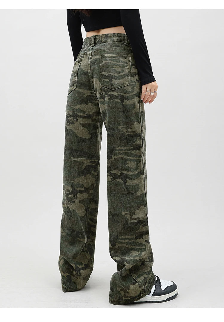 Autumn Spring Vintage Camouflage Jeans Women Denim Pants High Waist Straight Trousers Fashion Female Casual Wide Leg Pants