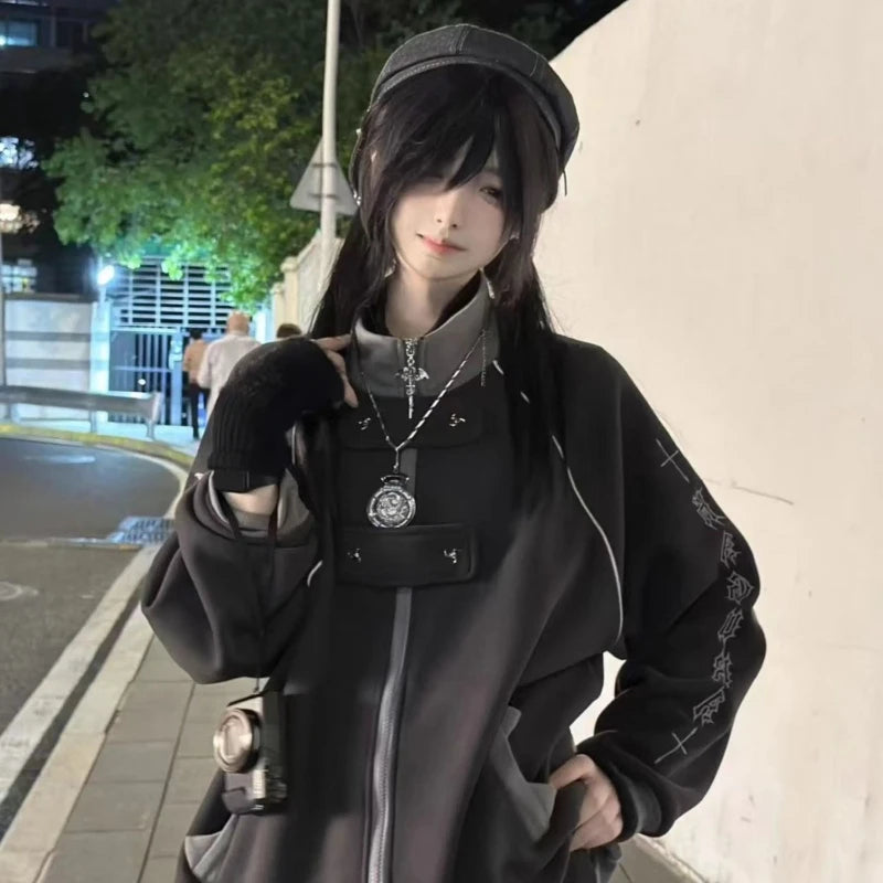 2000s Subculture Stand Neck Zip Up Hoodie Print Bat Loose Outwear Ropa Mujer Casual Fashion Korean Coats Harajuku Y2k Sweatshirt