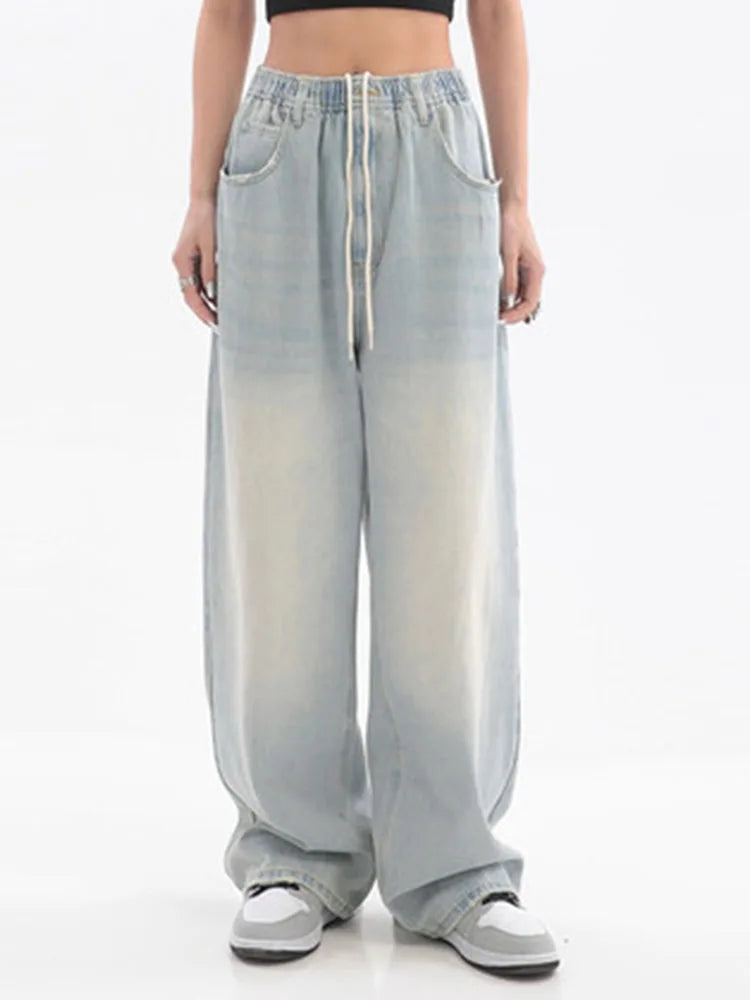 2025 Women American Vintage Baggy Jeans Elastic Waist Oversized Long Trouser Denim Pant Wide Leg Streetwear Straight Basic Daily