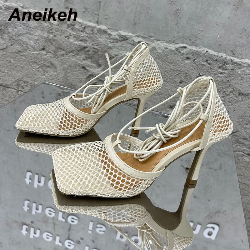 Aneikeh 2025 Summer Sexy Mesh Pumps Sandals Female Square Toe High Heel Lace Up Cross-Tied Stiletto Hollow Dress Party Shoes