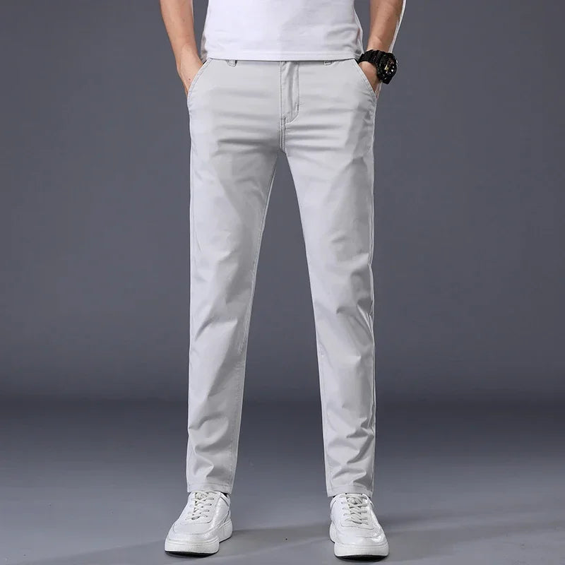 Summer Thin Men's Casual Pants Cotton 7 Colors Classic Style Elastic Straight Slim Fit Business Fashion Long Trousers Male