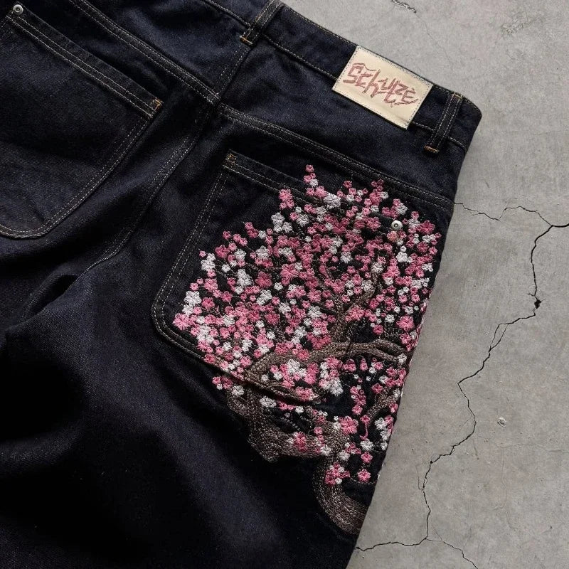 Y2K Goth vintage jeans plum blossom embroidery Harajuku pattern denim fabric wide leg pants American style men women street wear