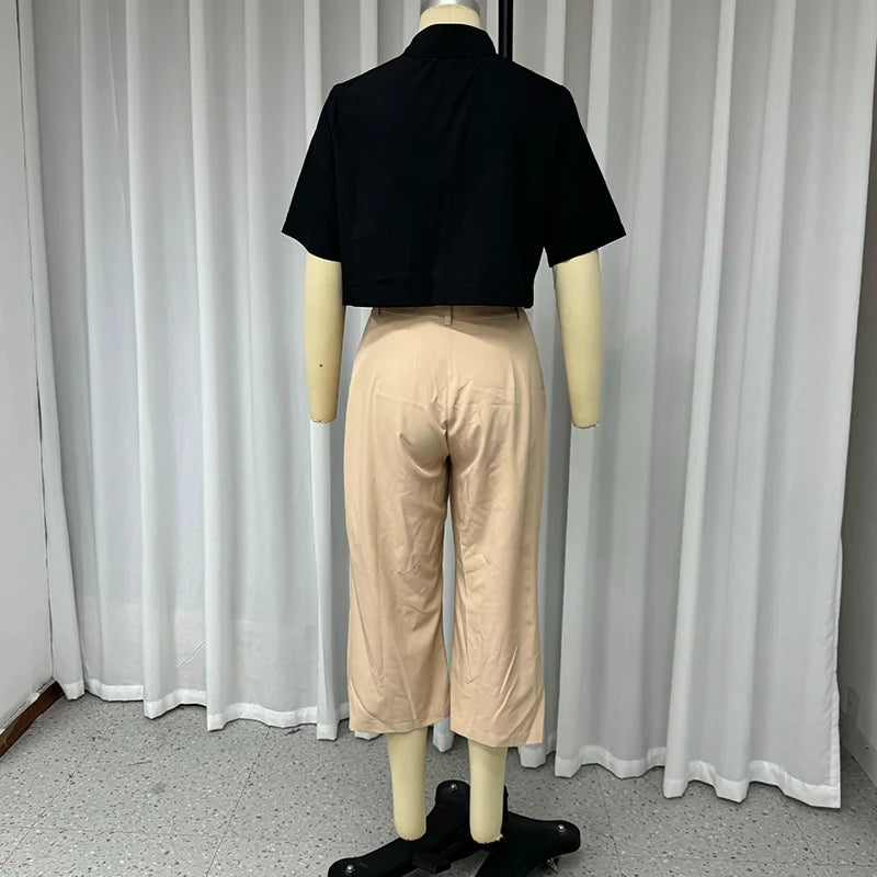 Wefads 2 Piece Set Women Summer Casual Solid Lapel Single Breasted Button Short Sleeve Top Loose Irregular 8-Point Pants Sets