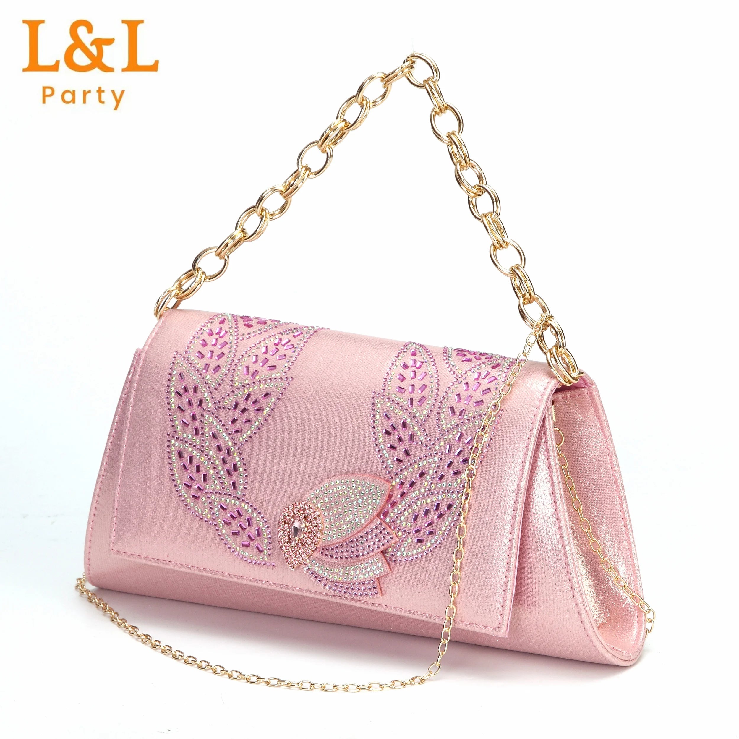 Low Heels Pumps Matching Hand Bag in Champagne Color High Quality for Wedding