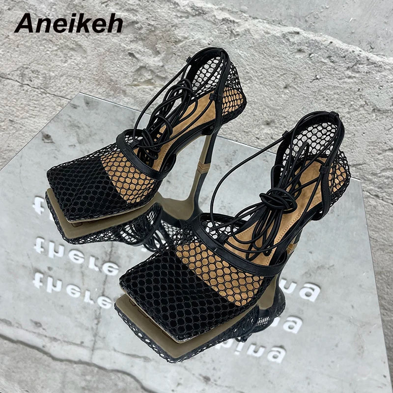 Aneikeh 2025 Summer Sexy Mesh Pumps Sandals Female Square Toe High Heel Lace Up Cross-Tied Stiletto Hollow Dress Party Shoes