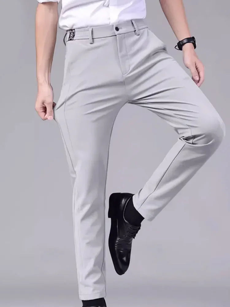Elastic Men's Casual Trousers Summer Ultra-thin Ice Silk Slim Straight Business Pants Quick-drying Sweatpants Black Gray