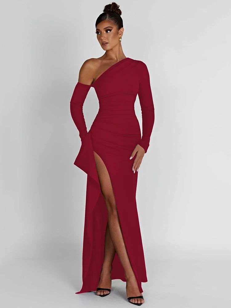 Oblique Shoulder Thigh High Split  Long Sleeve Backless Long Dress
