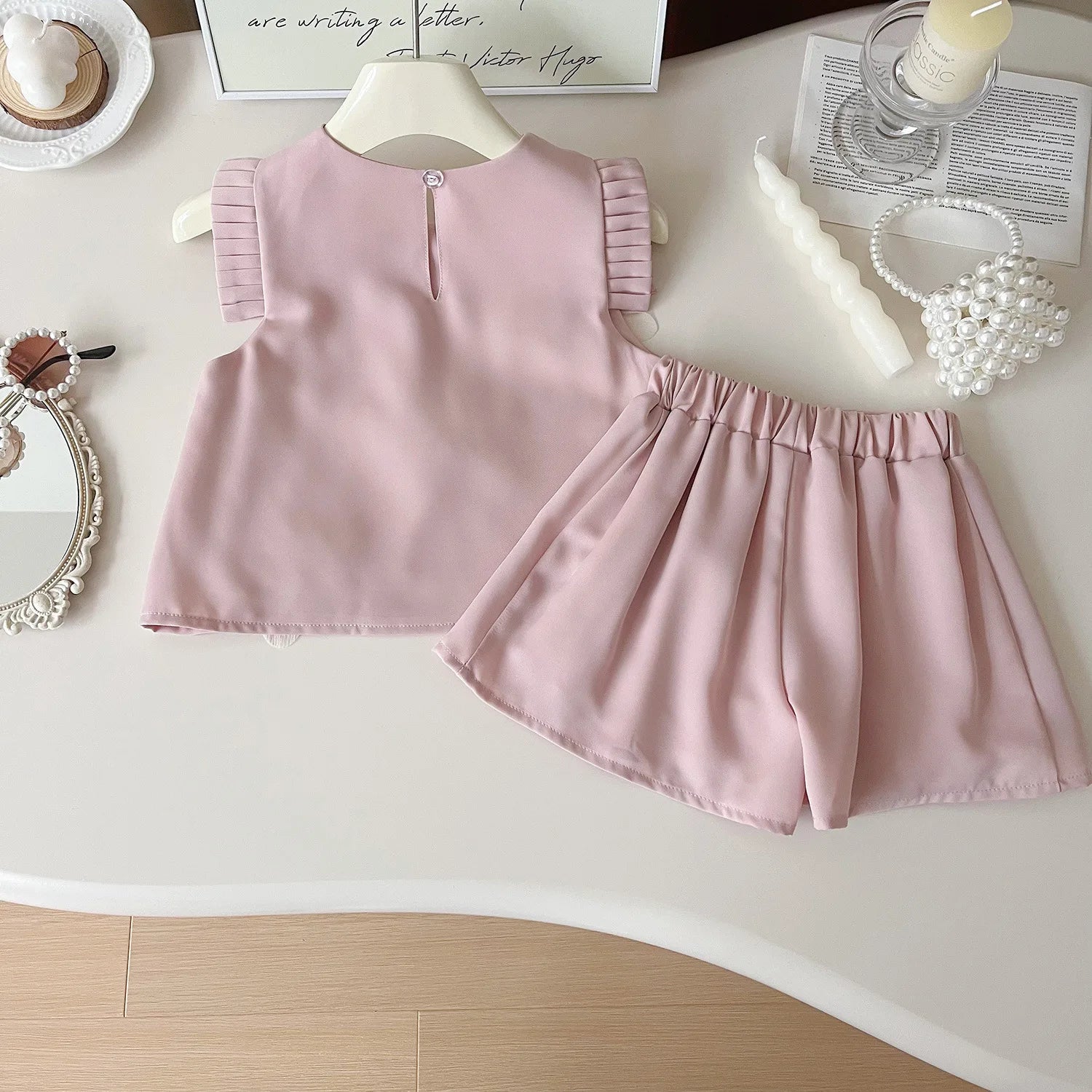 Girls Three Flowers Short Sleeve Tshirt+Shorts