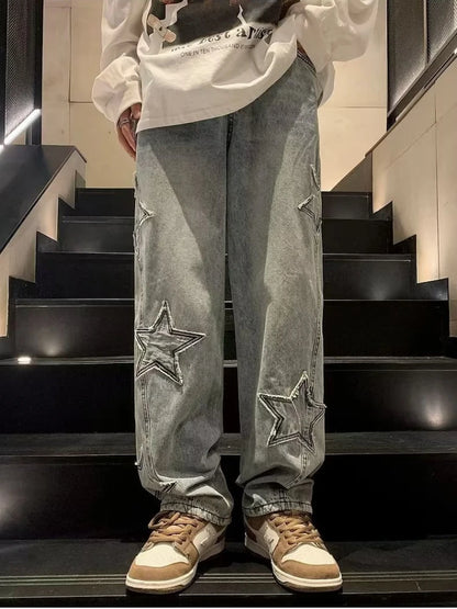 Star Embroidery Straight Casual Men Jeans Neutral Wide Leg Loose Hip-hop