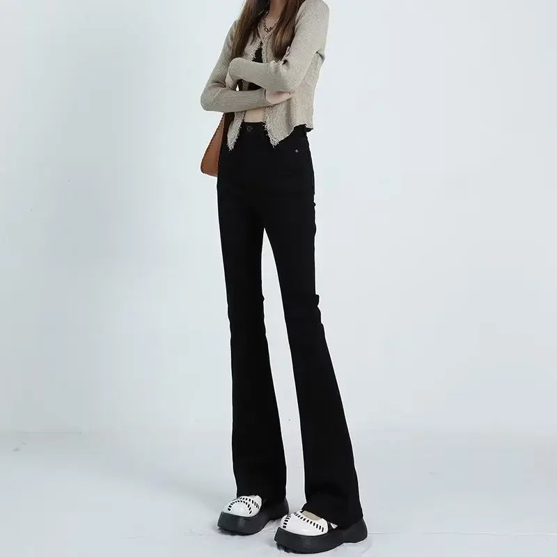 Black High-waisted Slimming Jeans Women's Autumn Winter Petite Bell-bottom Pants Trendy Vintage Horse Leggings Smooth Silhouette