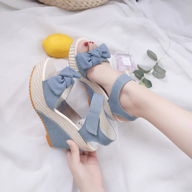 Brand New Ladies Platform Denim Sandals Fashion Bow Mixed Colors Wedges High Heels Women's Sandals Casual Party Woman Shoes