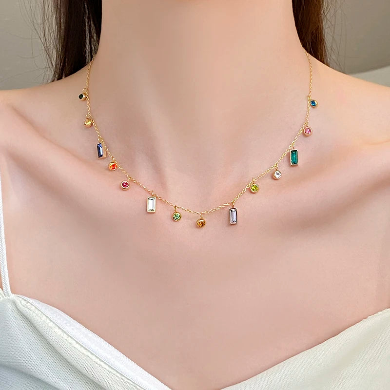Light Luxury Stainless Steel Colorful Zircon Dopamine Short Collar Chain Necklace