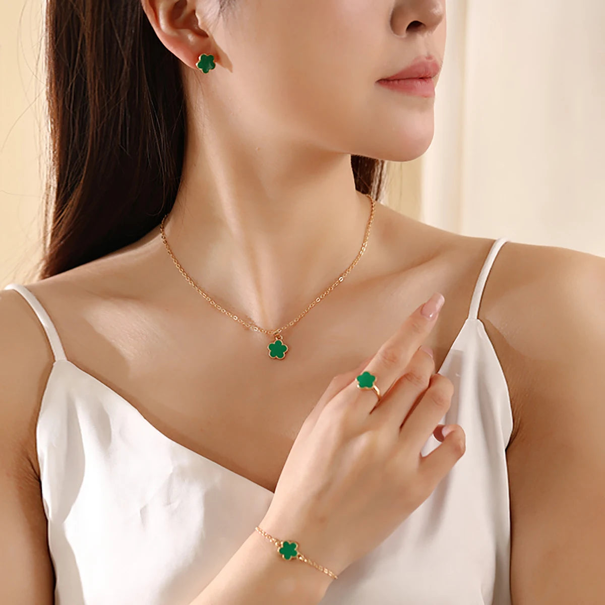 Lucky Five-petal Flower Clover Earrings Necklace