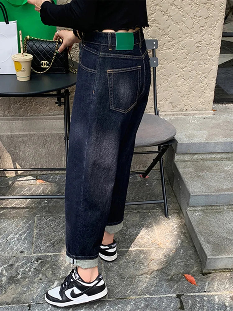 2023 Korean Y2K Fashion Dark Blue Cropped Haren Jeans Pants For Women Clothing Straight Casual Luxury Lady Trousers Ropa Mujer