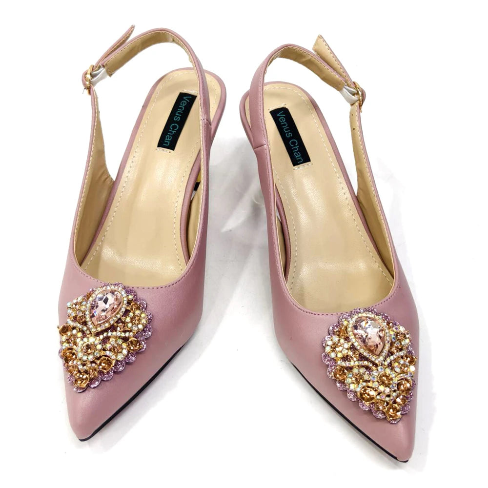 Women's Pink High Heel Frosted Crystal Shiny Rhinestone Party Pointed Shoes And Bag