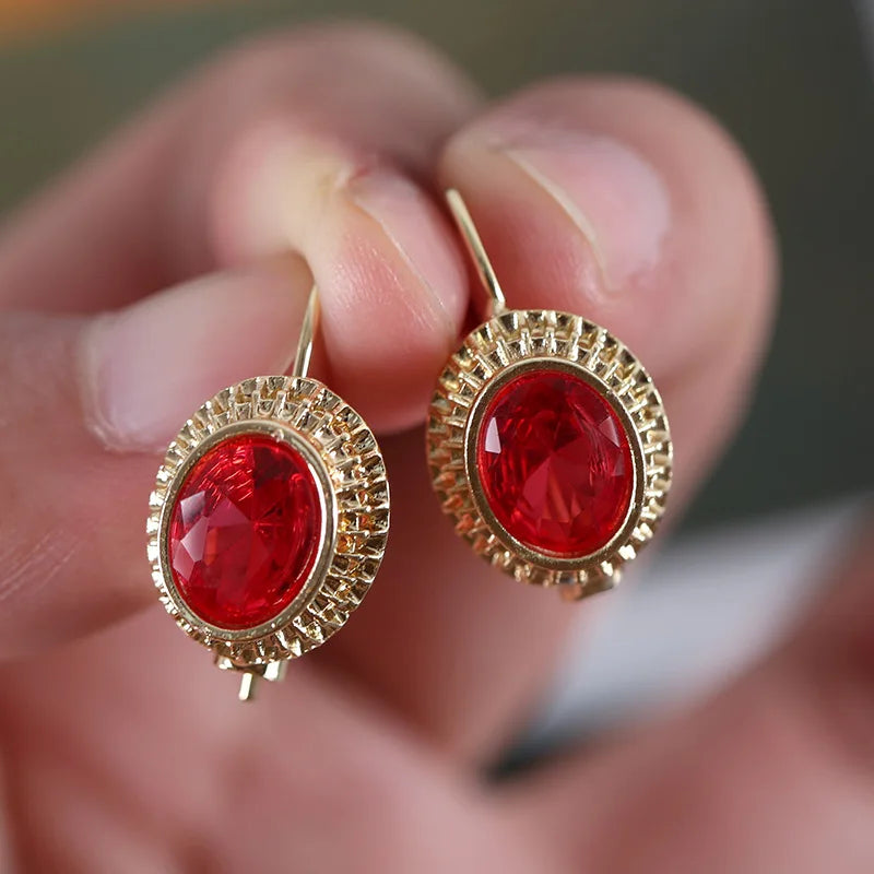 Vintage Gold Color Red Crystal Zircon Ear Earrings For Women