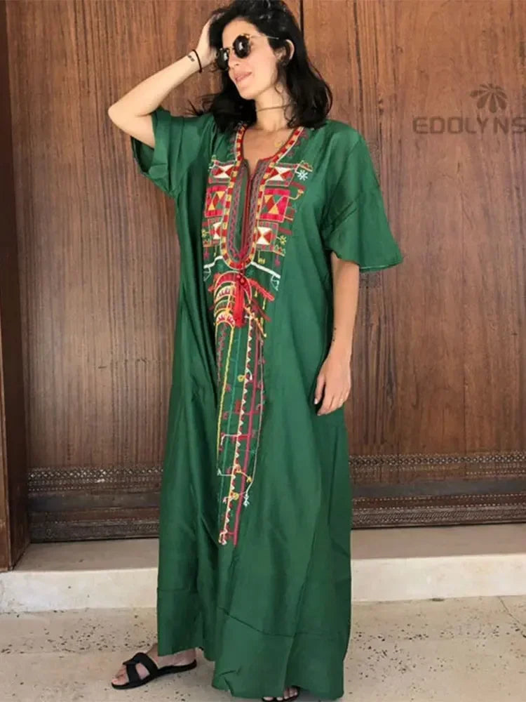 2024 Vintage Embroidery Kaftan Sexy V-neck Batwing Sleeve High Waist Maxi Dress Tunic Women Clothing Summer Beach Dresses Q660
