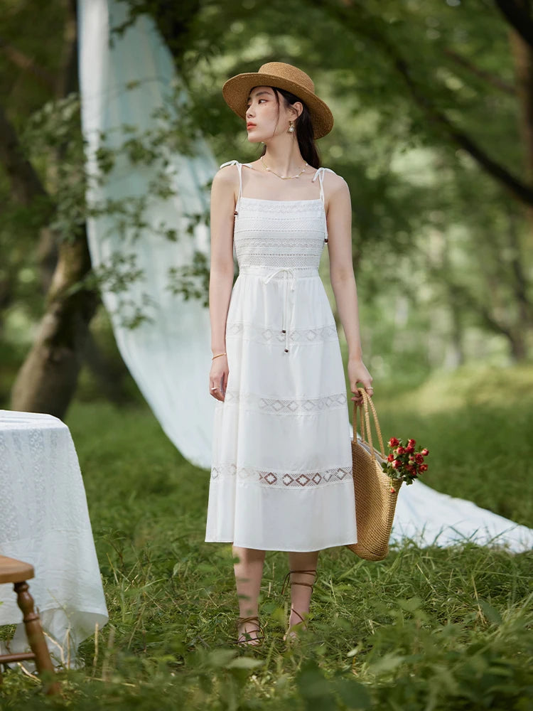 DUSHU French Romantic Lace High Waist Large Hemline Atmosphere Dress Summer 2023 New Dress White Women Casual Loose Dress