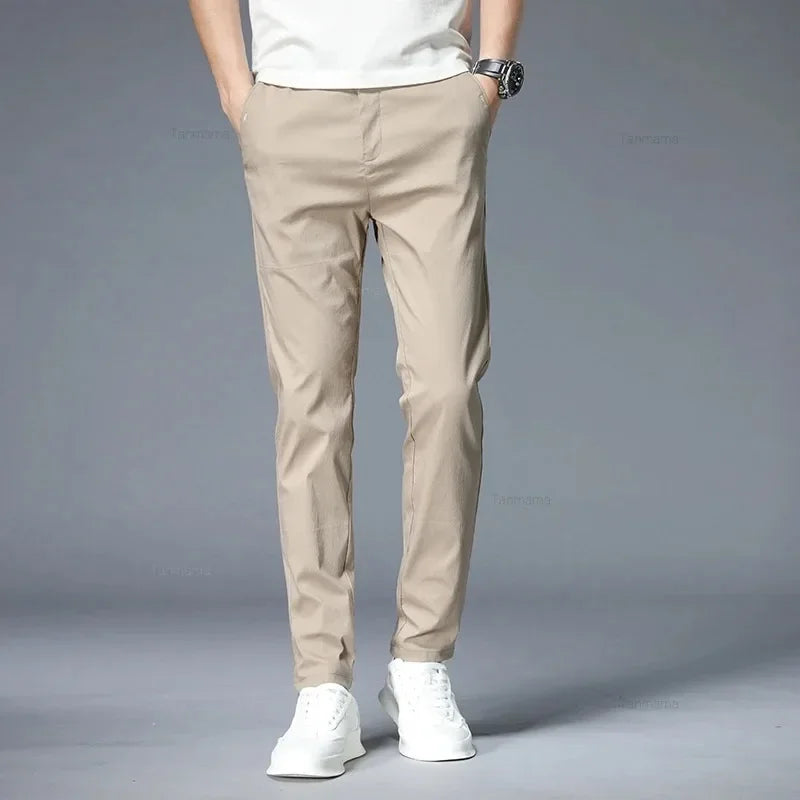 Summer Ultra-thin Men's Casual trousers Slim Straight Elastic Ice Silk Sports Jogging Pants Fashion Korean Black Khaki Green