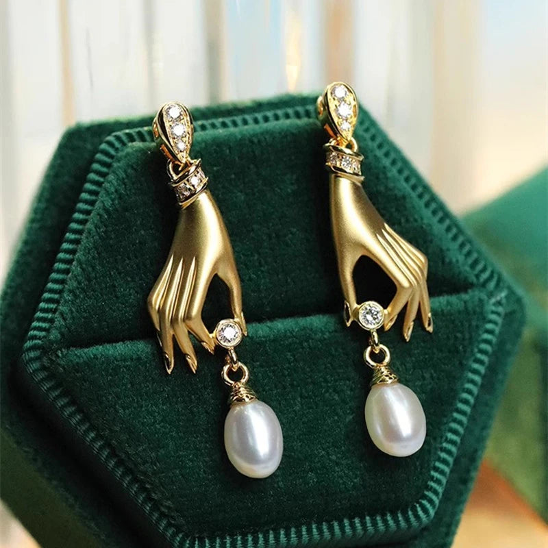 Novel Design Hand with Imitation Pearl Dangle Earrings for Women