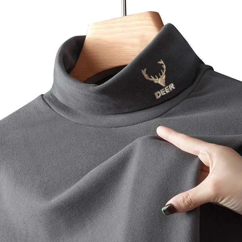 New Pullover Thickened Double-Sided Velvet Fleece Men's Long Sleeve T-Shirt High Collar for Autumn and Winter Casual Wear Tee