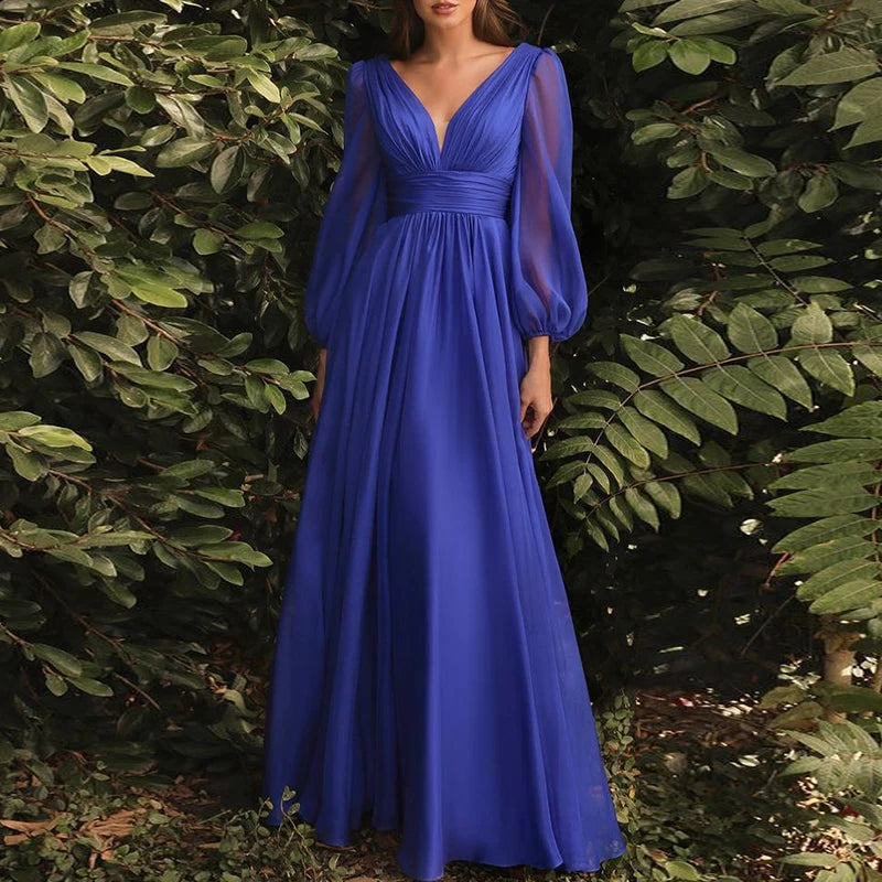 Royal Blue Evening Dress Women Elegant Backless V-neck Long Sleeves