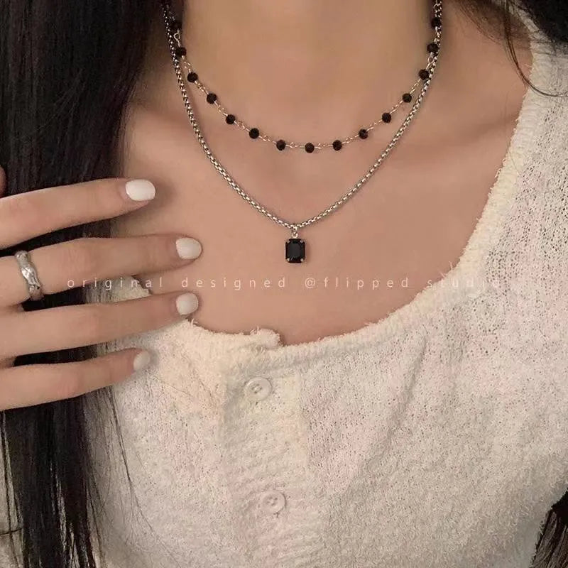 Black Square Pendant Double Layer Necklaces for Women