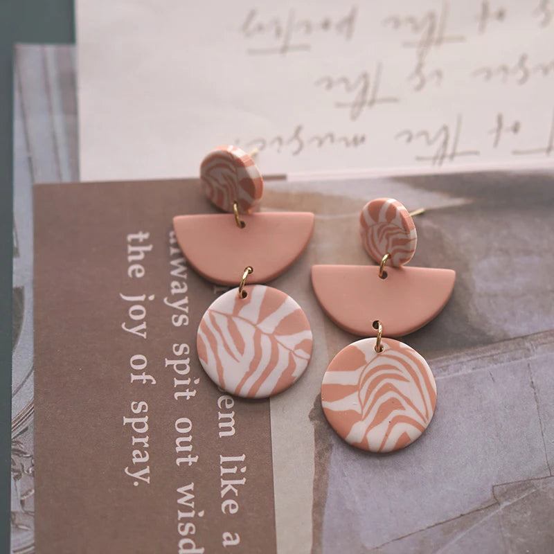 Floral Leaf Zebra Pattern Dangle Pendant Clay Earrings