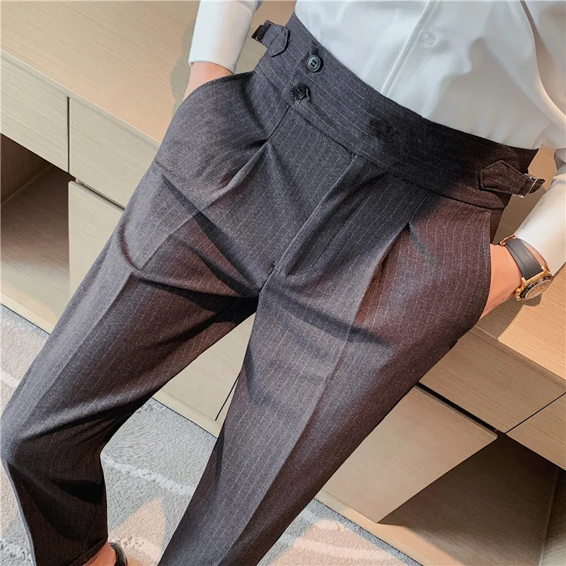 Men High Waist Casual Dress Pant Men Belt Design Slim Trousers