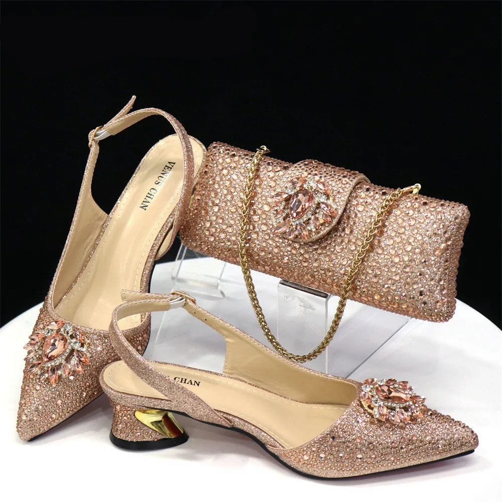 Hollow Design Women Shoes Matching Bag in Champagne Color Mature for Party